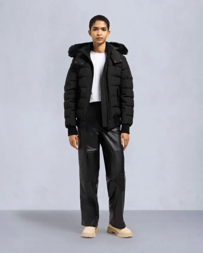 Onyx Ladriere Shearling Trim Bomber Jacket